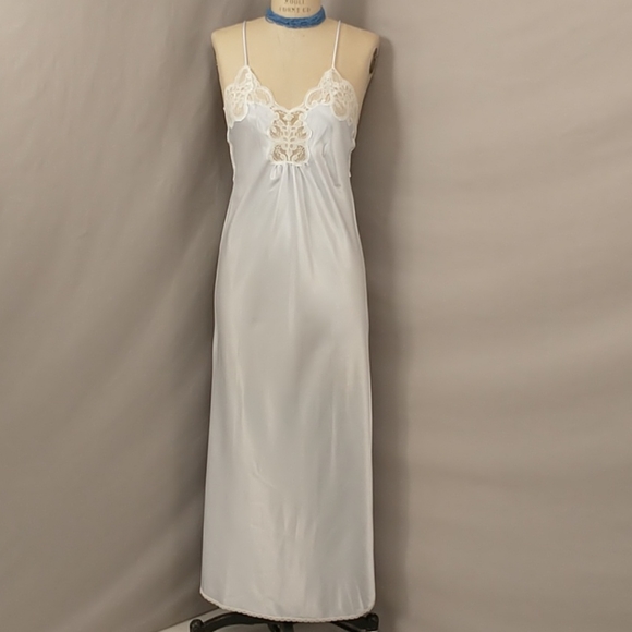 Vintage Lucie Ann USA made Satiny Gown Sexy Satin Negligee Pale Ice Blue w Lace - Picture 1 of 9